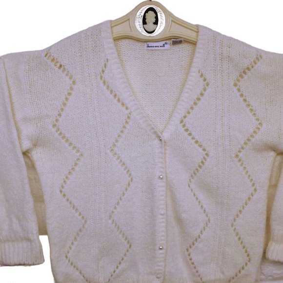 Vintage 80s Jason Maxwell Knit Cardigan -XL Lacey Zig-Zag Buttons-up Cream Vneck - Picture 2 of 7